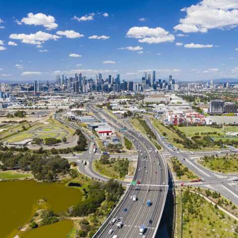 An aerial view of the freeway transportation system of Melbourne.